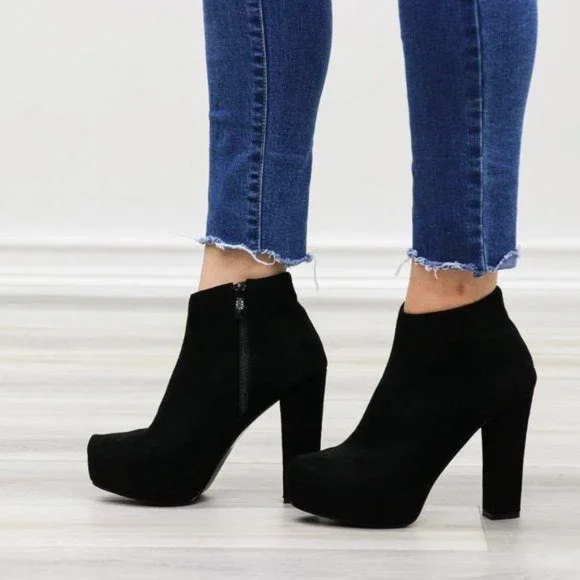 Platform Black Suede Ankle Heeled Booties - Picture 7 of 12